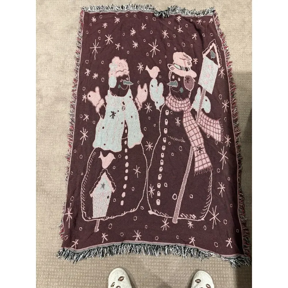 Vintage Christmas Snowman Woven Throw Blanket Reversible Fringe 64x42 Holiday